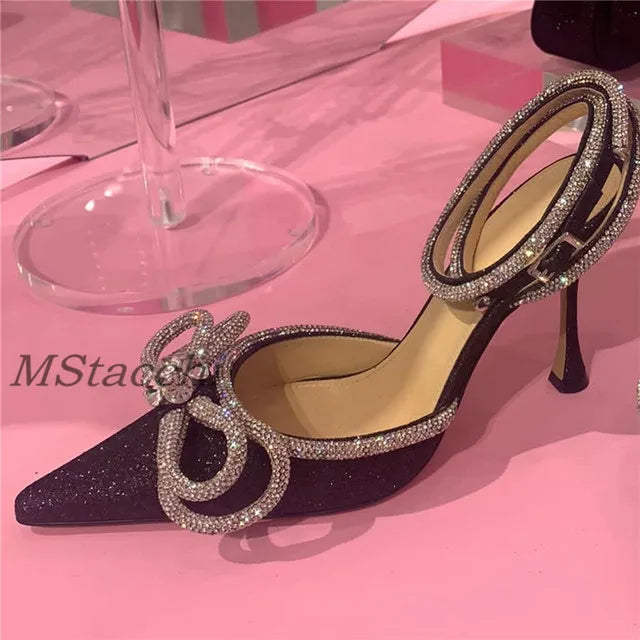 Glitter Rhinestones Women Pumps Crystal Bowknot Satin Sandals 2025 Summer Transparent Shoes High Heels Party Prom Designer Shoes Black sequins