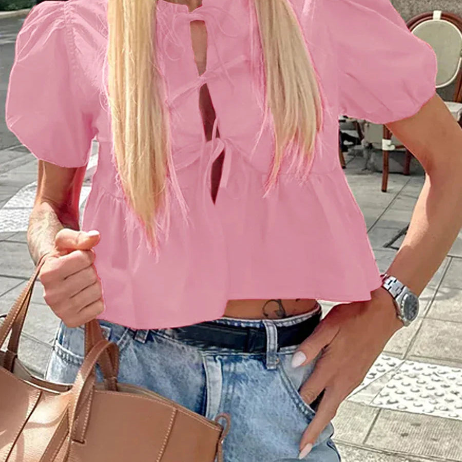 wsevypo Chic Summer Babydoll Shirts Solid/Stripe Short Women's Puff Sleeve Round Neck Tie-Up Front Peplum Blouses Top for Street