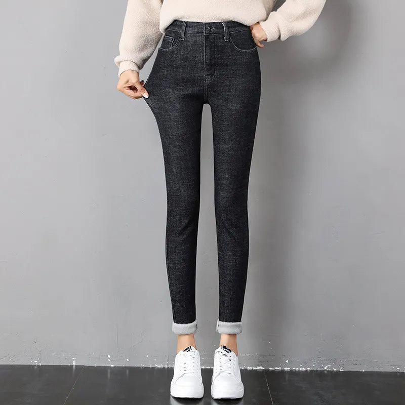 Women Thermal Jeans Winter Snow Warm Plush Stretch Jeans Lady Skinny Thicken Fleece Denim Long Pants Retro Pencil Trousers