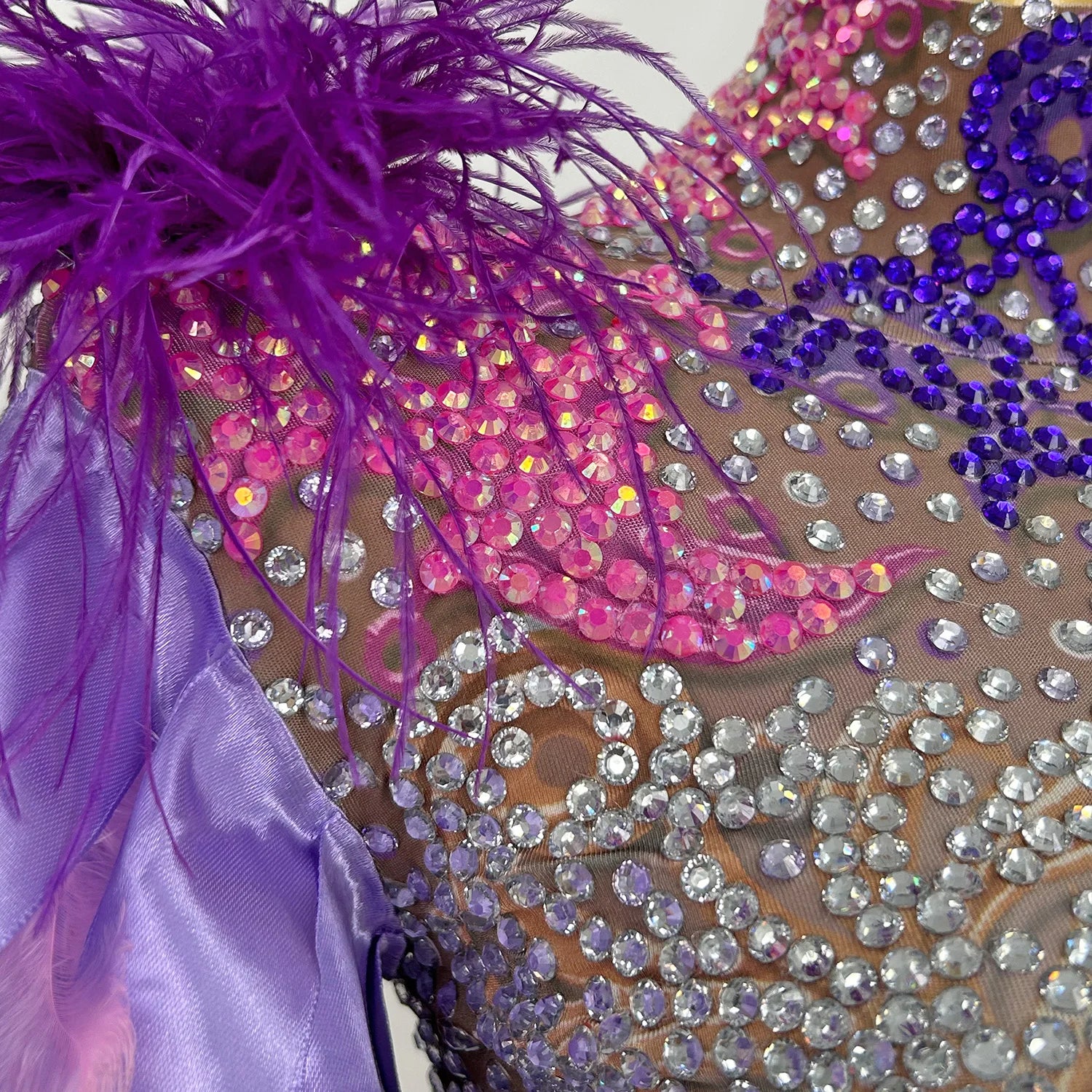 Fashion Stage Wear Ribbon Strip Feather Rhinestone Bodysuit Women Nightclub Bar Party Outfit Performance Dance Costume Caidai