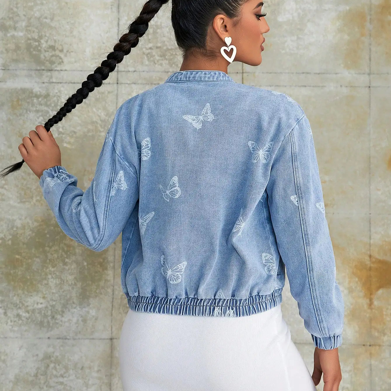 Women Fashion Butterfly Print Zip Up Elastic Waist Drop Shoulder Denim Jacket Vintage Stand Collar Loose Jean Outerwear