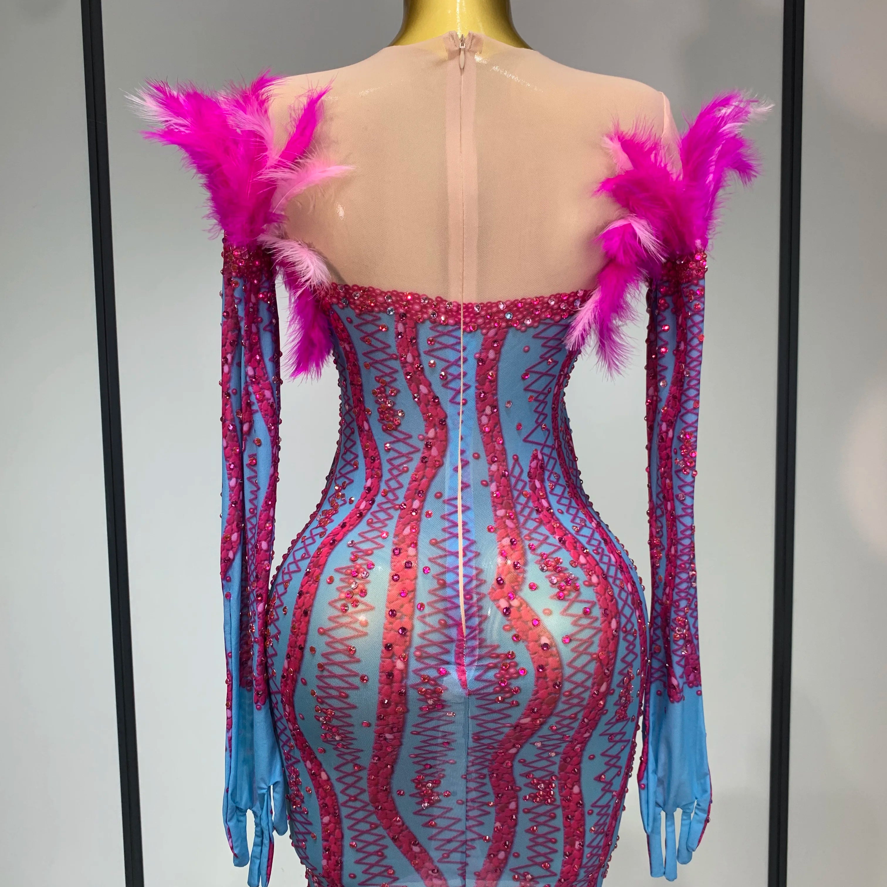 Women Sexy Mesh See Through Diamond Feather Dress 2025 Elegant Evening Party Luxury Birthday Nightclub Performance Stage Costume