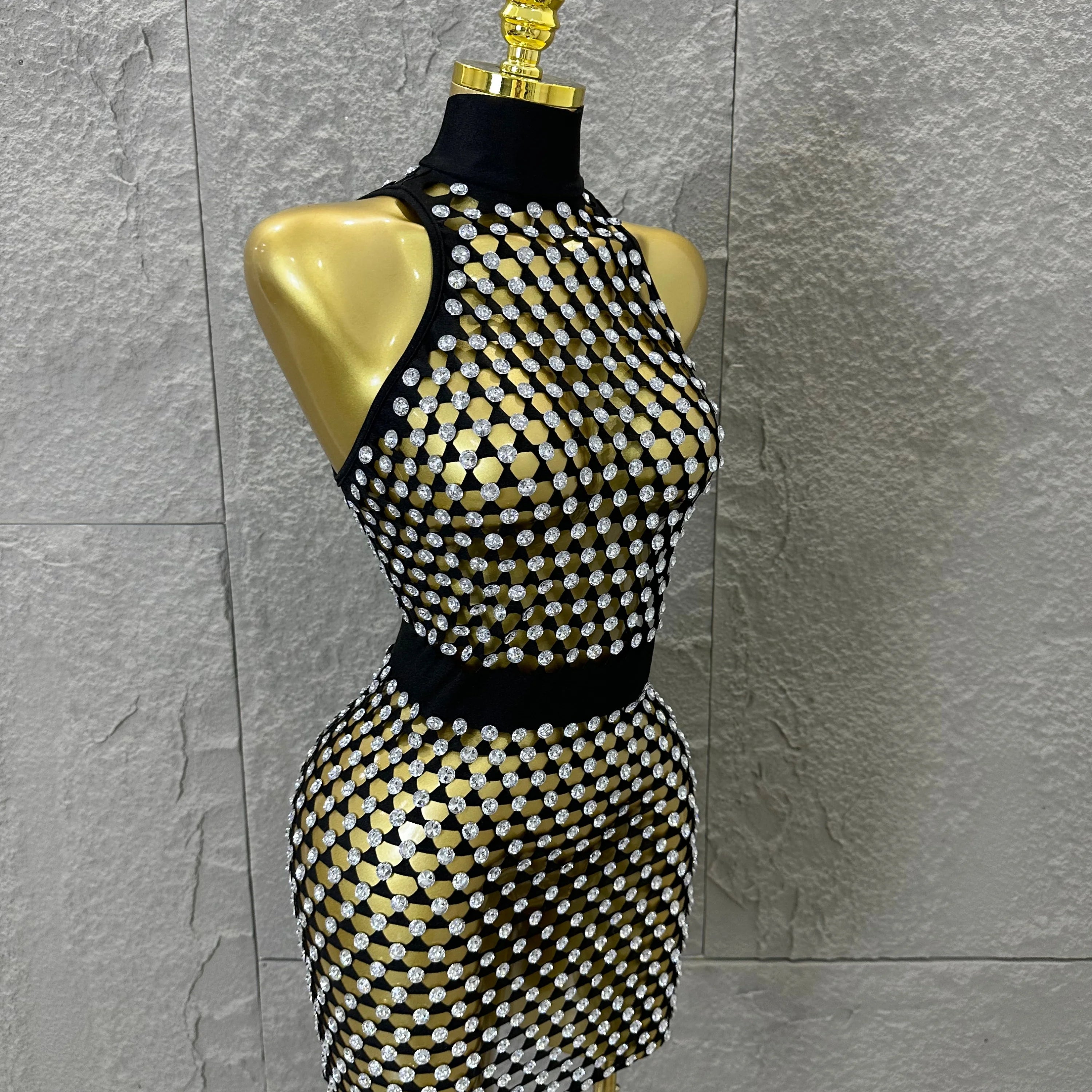 Luxury 2026 Glamorous Black Mesh Halter Mini Dress Sparkle Rhinestone Gold Silver Bead Bodycon Bar Stage Performance Costume