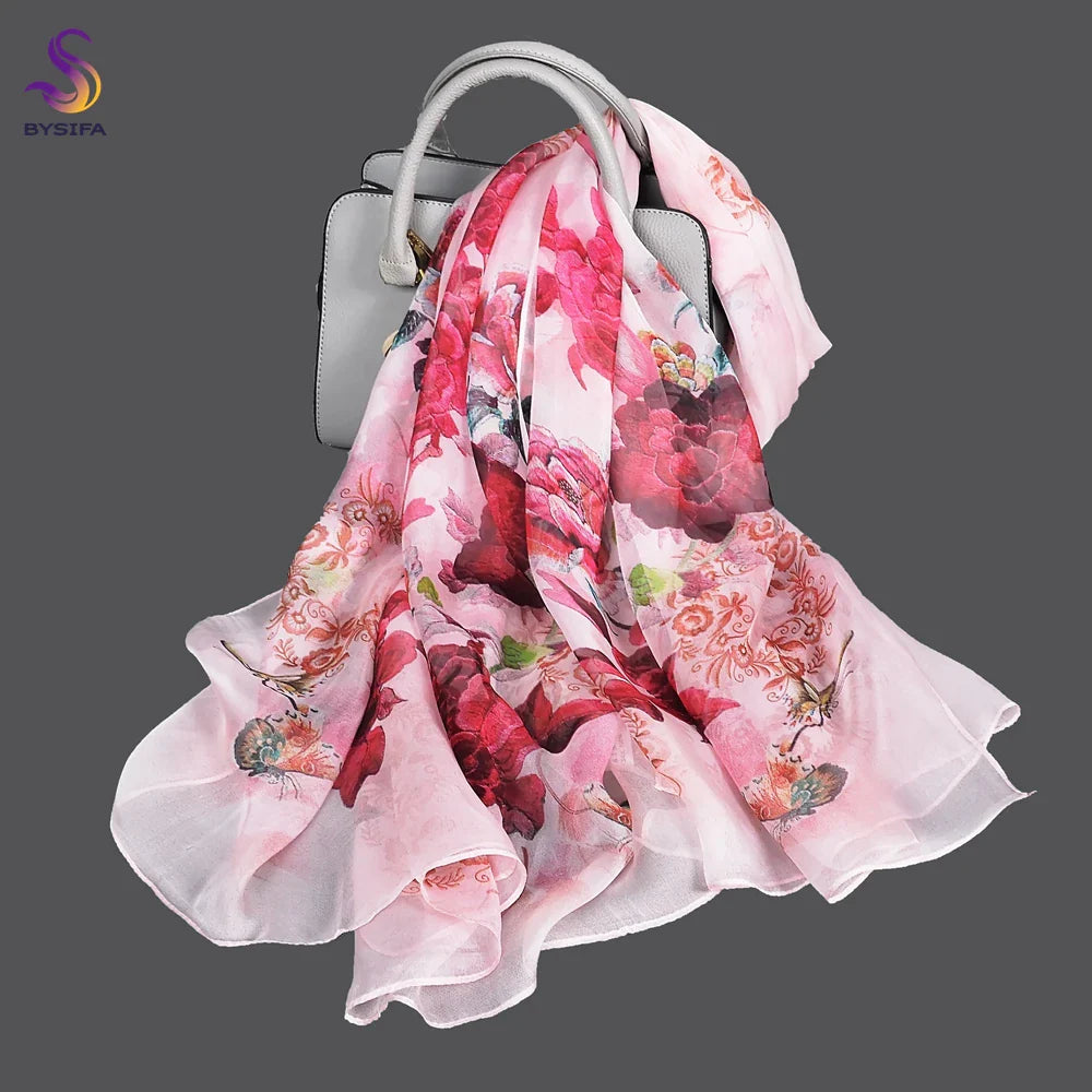 [BYSIFA] White 100% Silk Scarf Cape Fashion Floral Design Long Scarves Women Summer Utralong Beach Shawl Winter Scarves180*110cm deep dark peony
