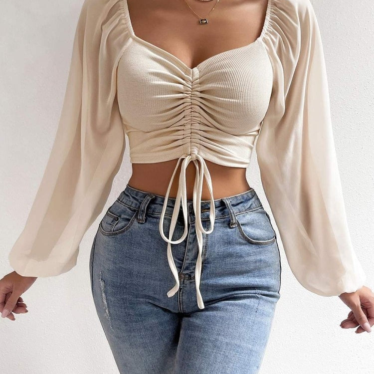 Sexy V-neck Women Blouses Drawstring Long Sleeve Crop Tops Ladies Fashion Summer Short Shirt Woman Clothes Blusas Camisas Mujer Apricot