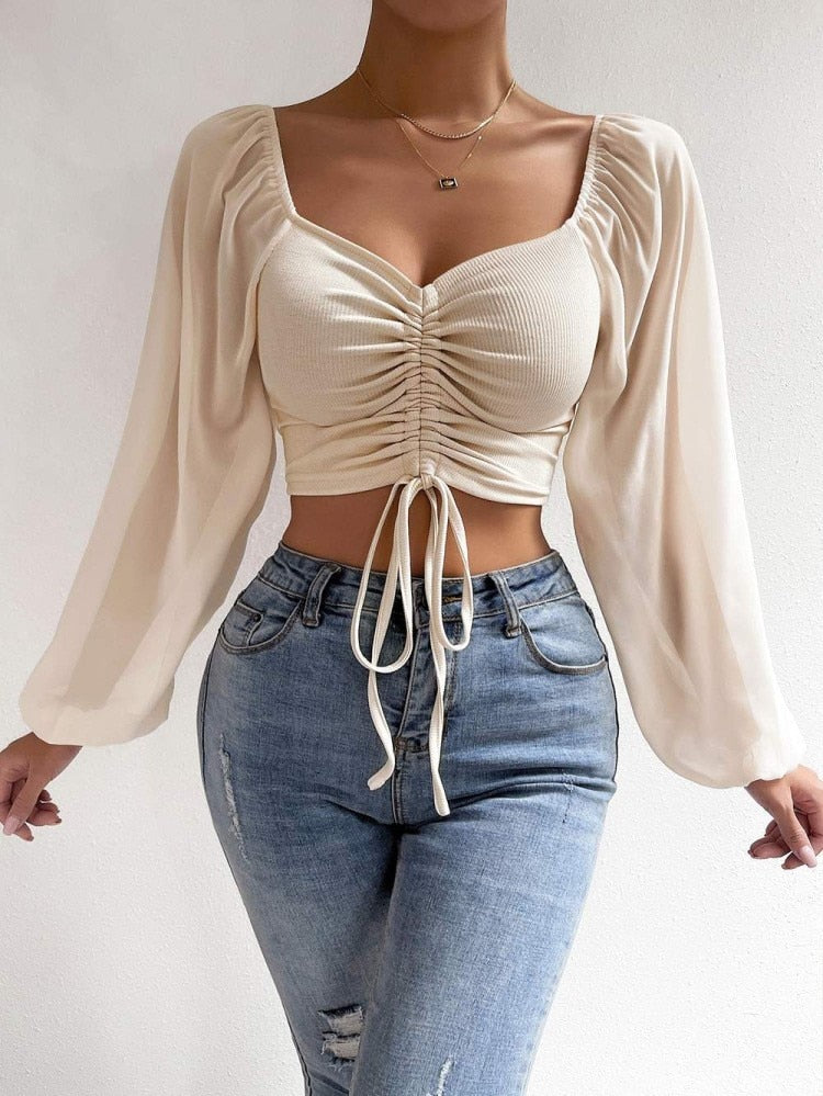 Sexy V-neck Women Blouses Drawstring Long Sleeve Crop Tops Ladies Fashion Summer Short Shirt Woman Clothes Blusas Camisas Mujer Apricot