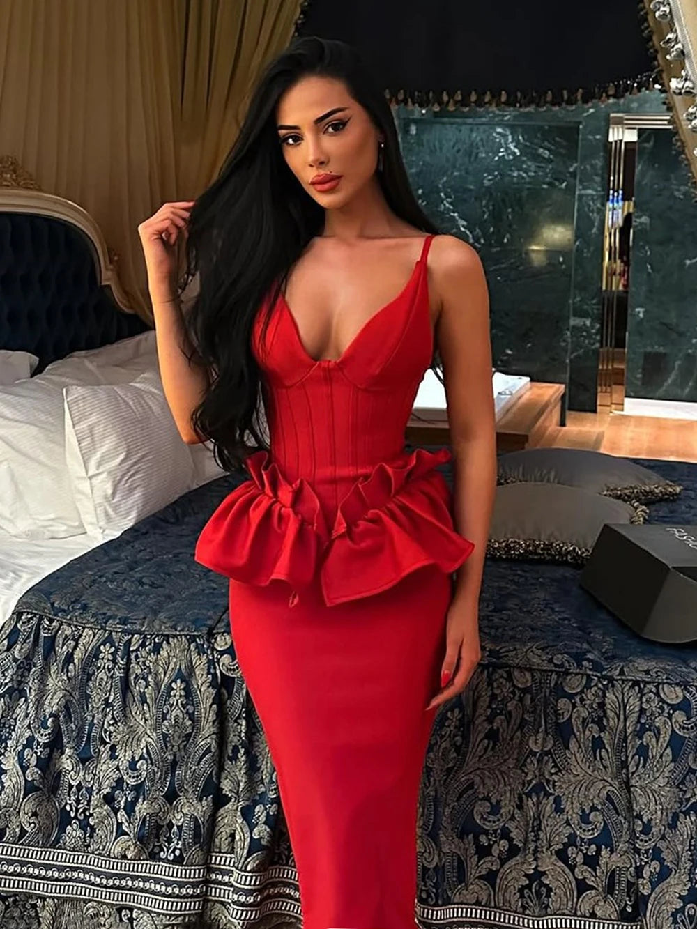 Sexy Women Long Bandage Dress Ruffle Sleeveless Slim Solid Summer Party Fishbone Maxi Dress Clubwear Female Vestido Outfits