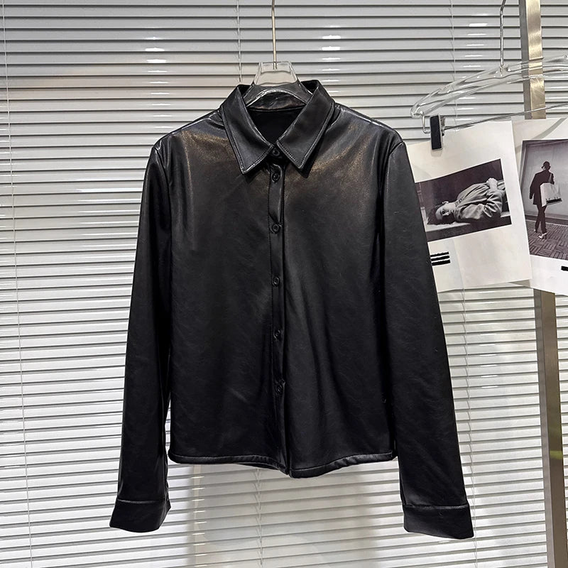 Winter New Street Style Fashion PU Leather Shirt Jacket For Women Three-Dimensional Pleated Floral Skirts 11A07730 only Shirt