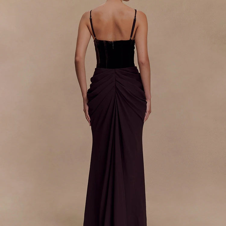 Chic Sleeveless Maxi Dress with Velvet Bodice and Chiffon Drape for Upscale Receptions Evening Gown