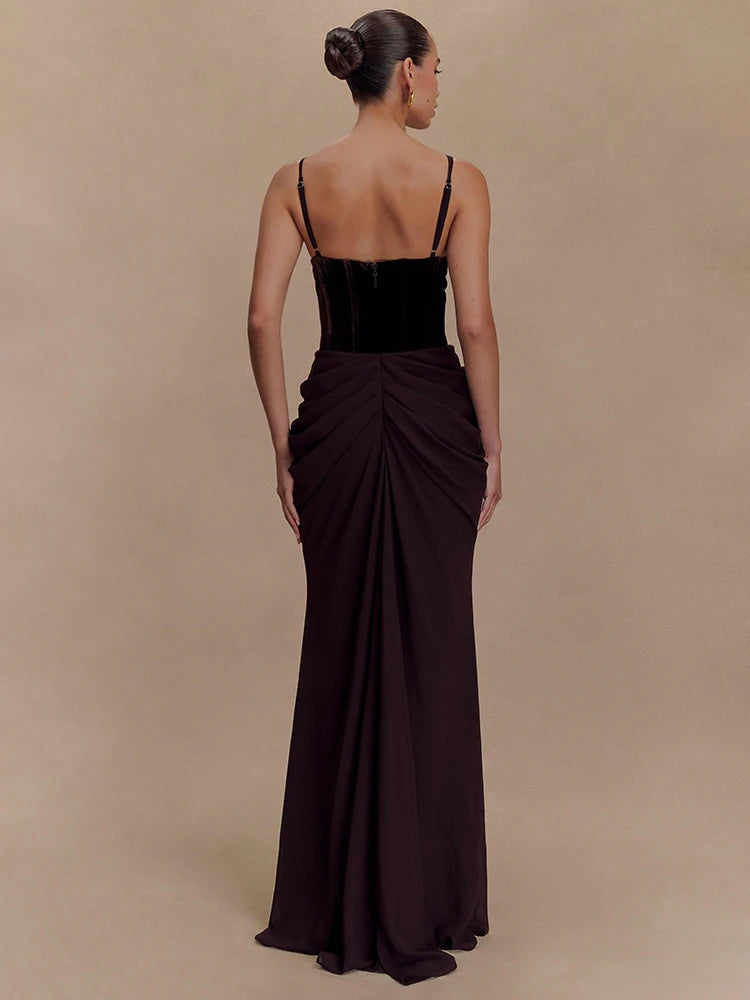 Chic Sleeveless Maxi Dress with Velvet Bodice and Chiffon Drape for Upscale Receptions Evening Gown