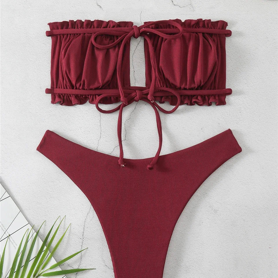 Back Lace Up Bikinis Women Solid Sexy Hollow Out Swimwear Female Beachwear Swimsuit Female Bathers Bathing Swimming Suit