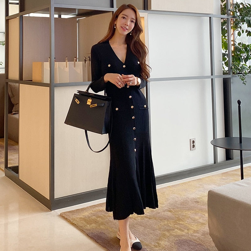 Vintage Korean Maxi Dresses for Women Party Long Sleeve V-neck Mermaid Dress Elegant Fashion Ladies Vestidos Femme Autumn 2024