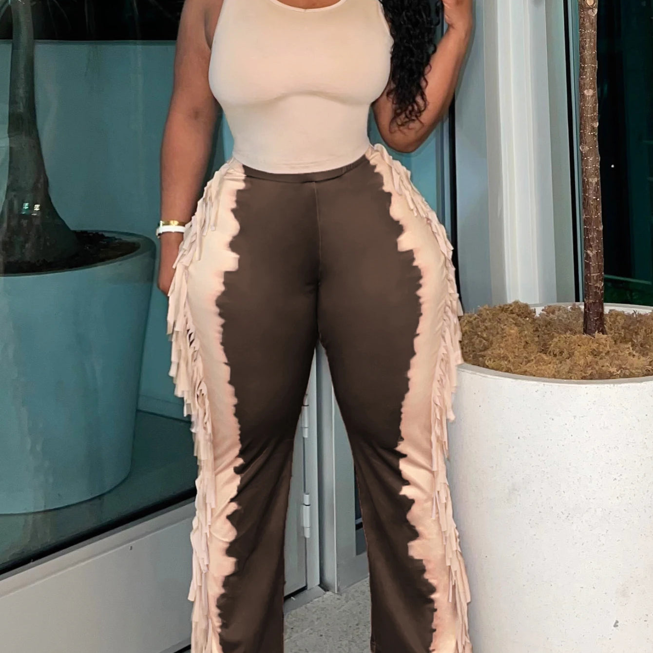 LW Plus Size casual Two pieces sets summer sleeveless U neck Cami Tank + Tie Dye Tassel Design Pants Set women Matching Set