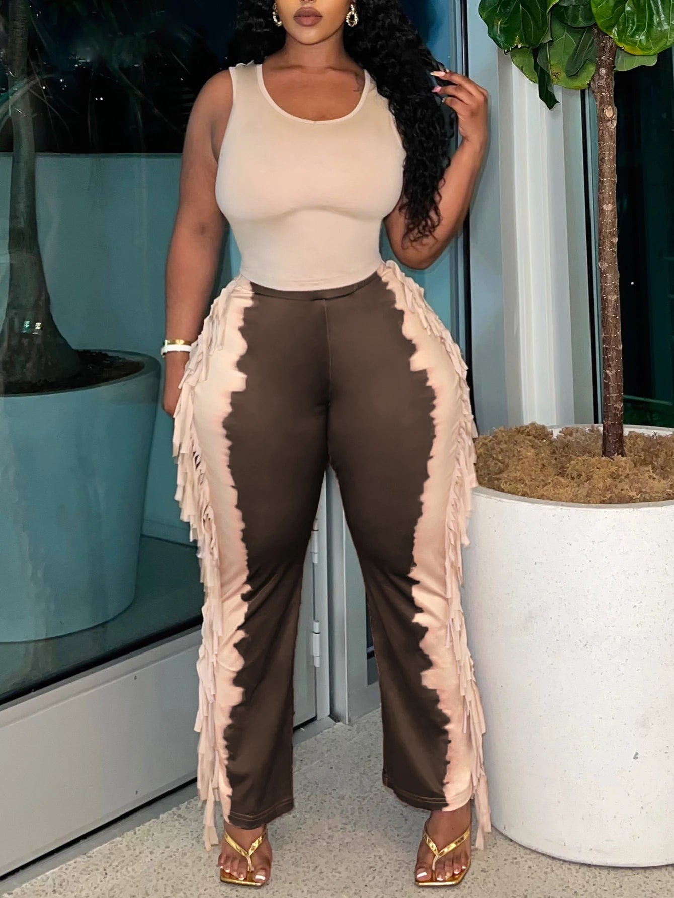 LW Plus Size casual Two pieces sets summer sleeveless U neck Cami Tank + Tie Dye Tassel Design Pants Set women Matching Set