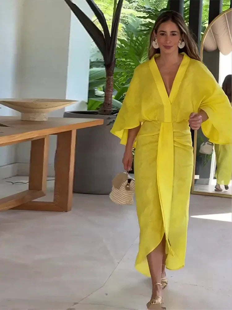 Women Fashion Loose Flare Sleeves Pleated Midi Dress Elegant Solid V-neck High Waist Slim Dresses Female Highstreet Vestidos