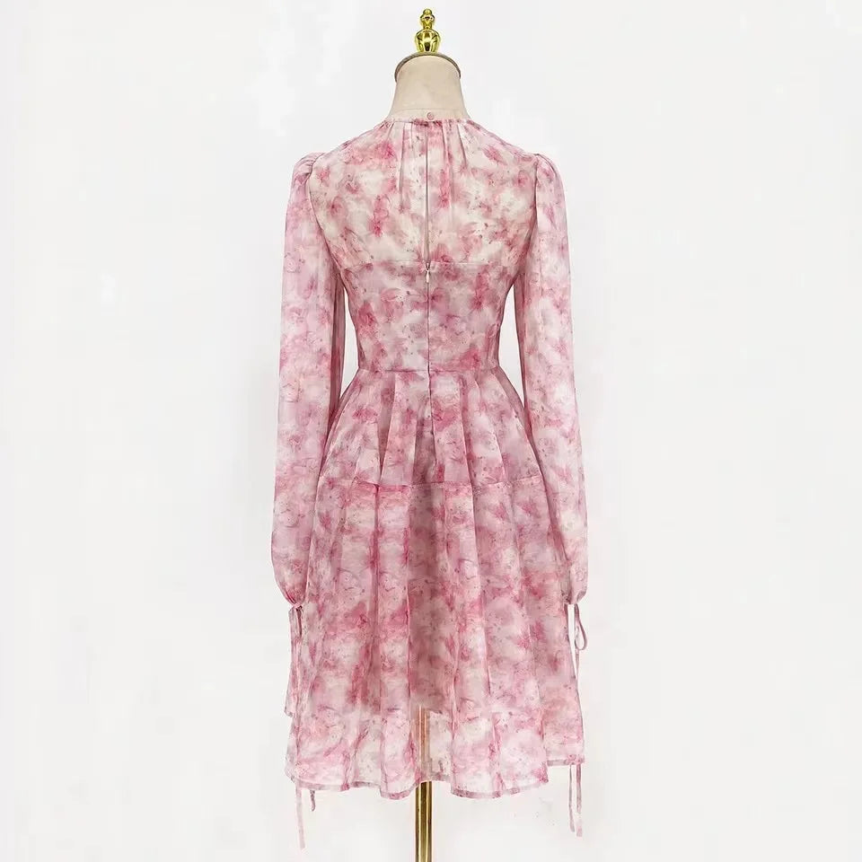 Chic French Elegant Spring Pink Printing Holiday Dress For Women Lace Up O Neck Lantern Sleeve Flower Chiffon High Waist Dresses