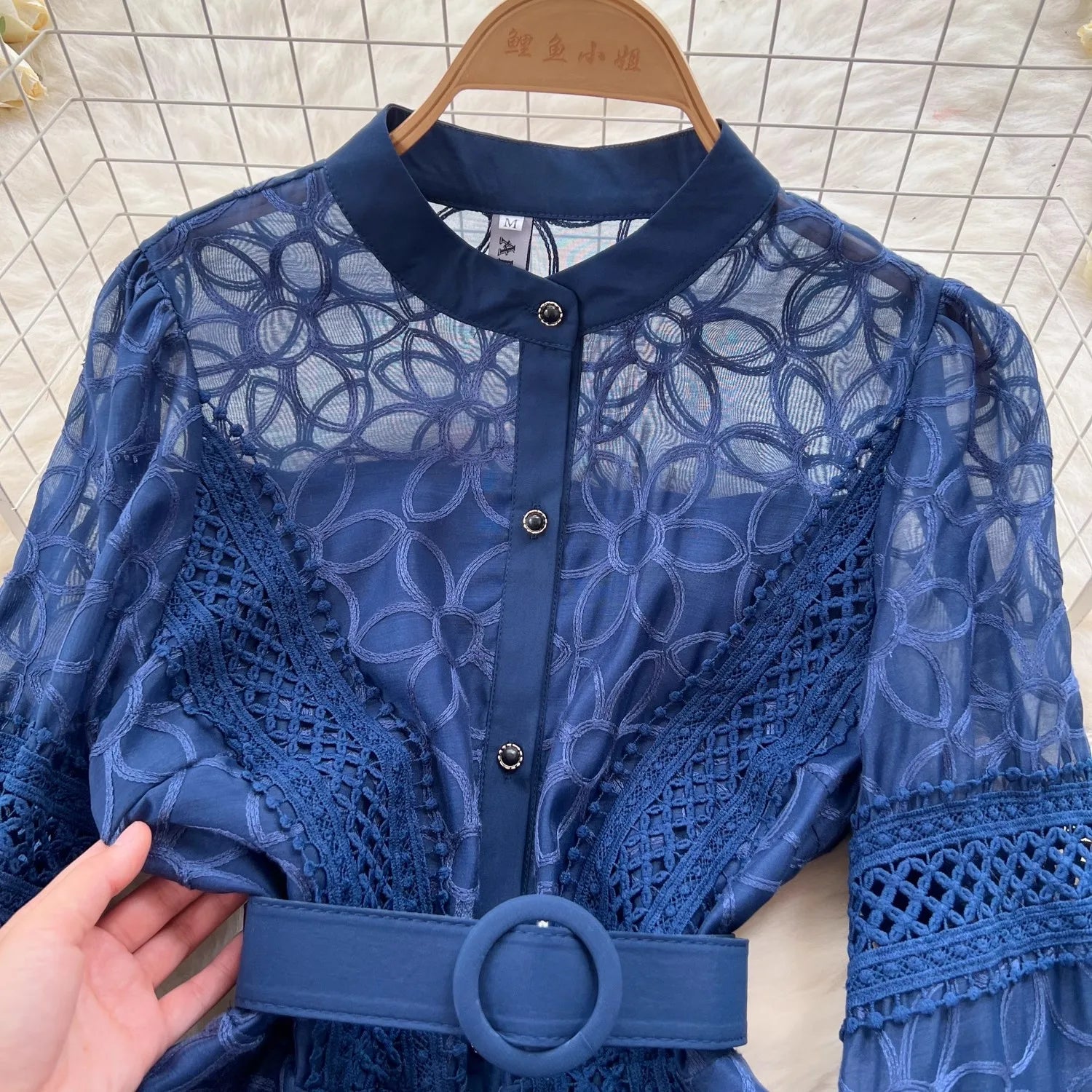 Autumn Elegant Hollow Out Spliced Lace Flower Embroidery Dress Women's Stand Collar Bandage Single Breasted Party Midi Vestidos