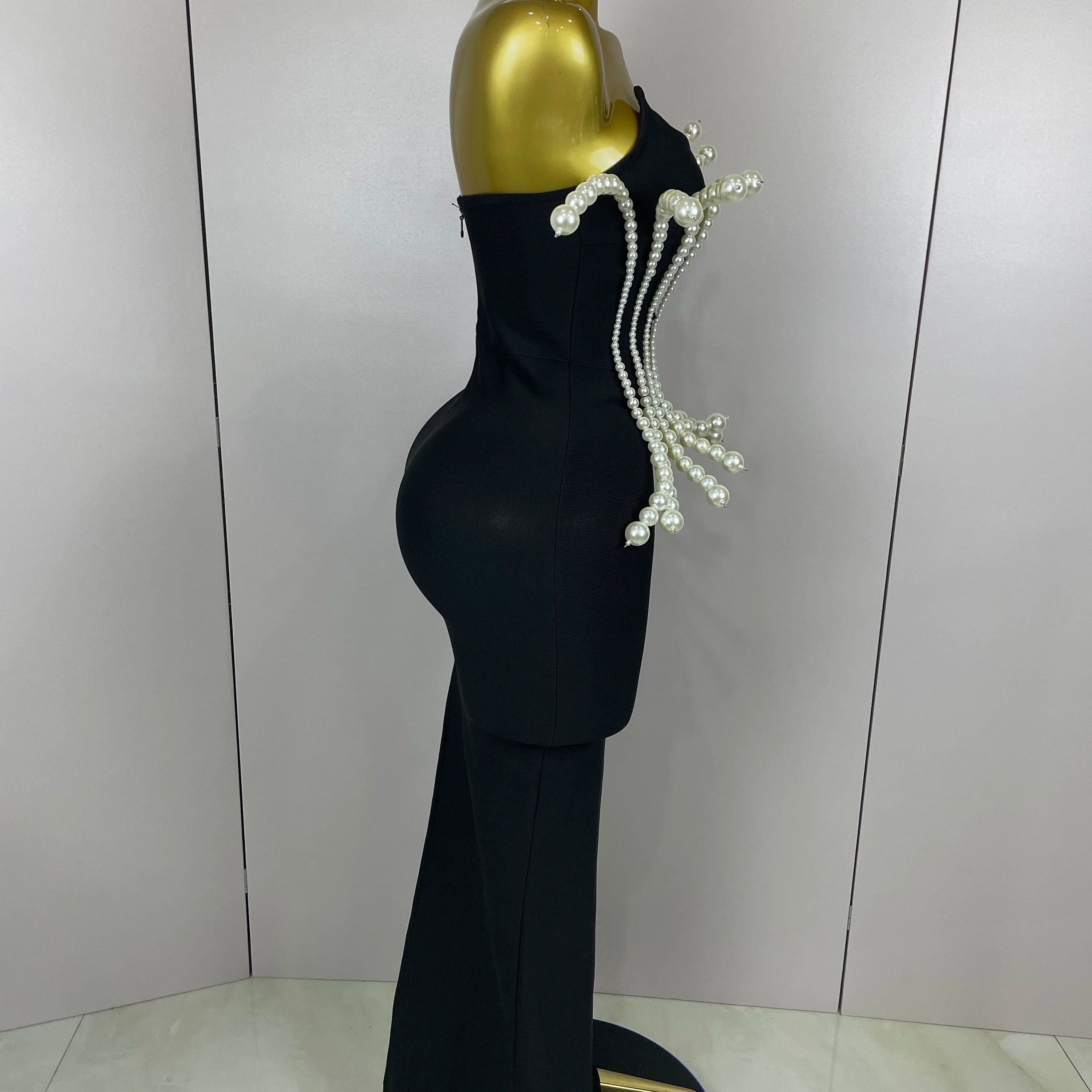 2025 New Sexy Strapless Pearl Beading Bodycon Long Bandage Dress Women Fashion Elegant Evening Party Luxury Birthday Dresses