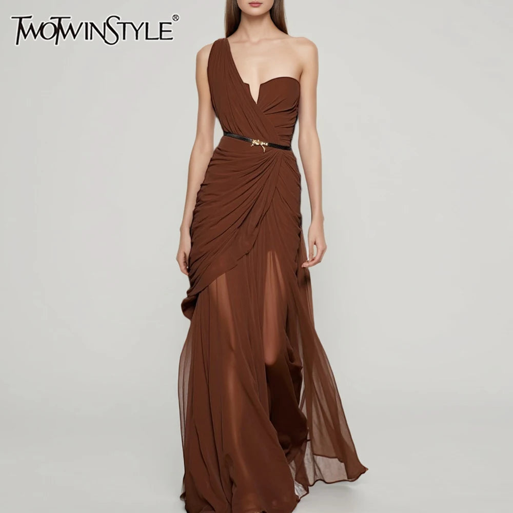 Solid Slimming Sheer Dresses for Women Diagonal Collar Sleeveless Patchwork Folds Irregular Dress Female Clothing