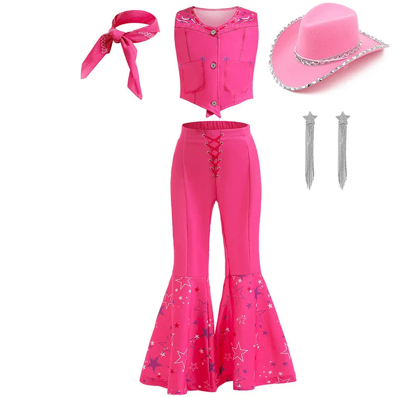 Toddler Girls Cowboy Pink Vest Pants Scarf 3 Pcs Clothing Set Margot Movie Role Play Costume Barbi Cowgirl Youth Outfit Cosplay SKY BLUE