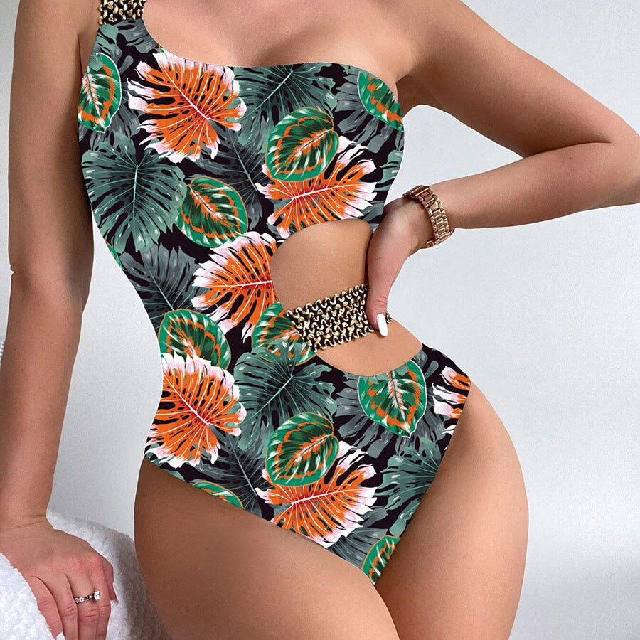 Sexy One Shoulder Strapped Print Swimwear - Push UP High Cut One Piece Swimsuit Monokini Backless Bathing Suit 7521 NO 1