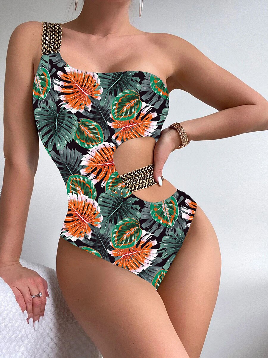 Sexy One Shoulder Strapped Print Swimwear - Push UP High Cut One Piece Swimsuit Monokini Backless Bathing Suit 7521 NO 1