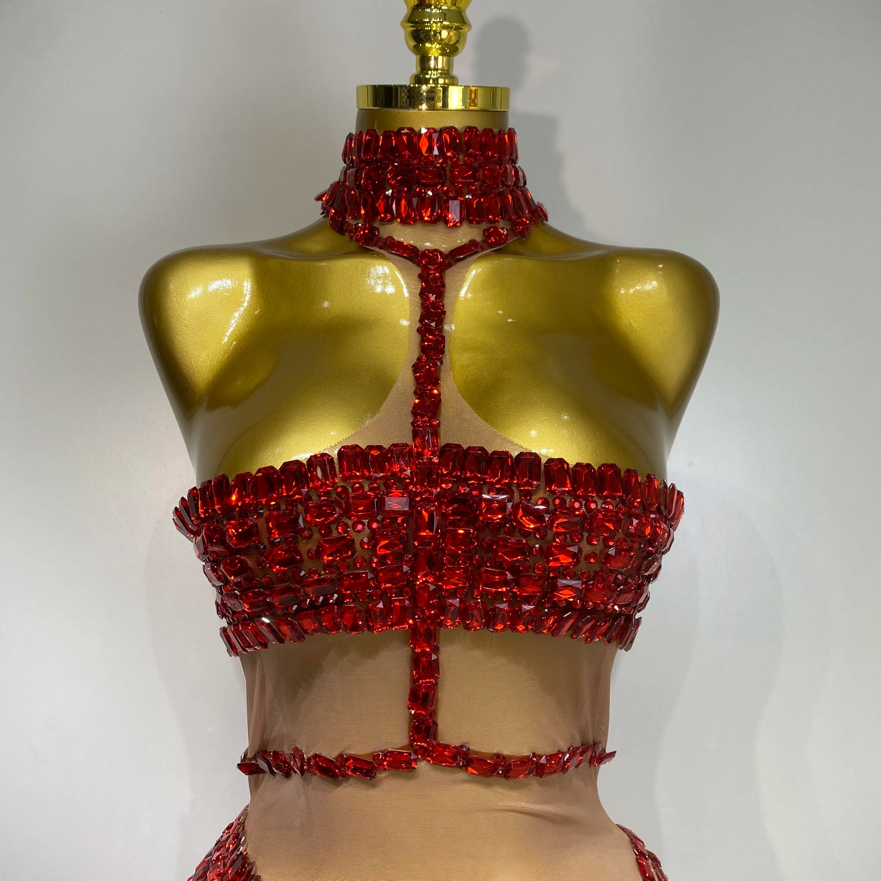 Sparkly Red Rhinestone Mini Dress Womer Sexy Mesh Birthday Wedding Party Prom Gowns Drag Queen Costume Singer Stage Outfit