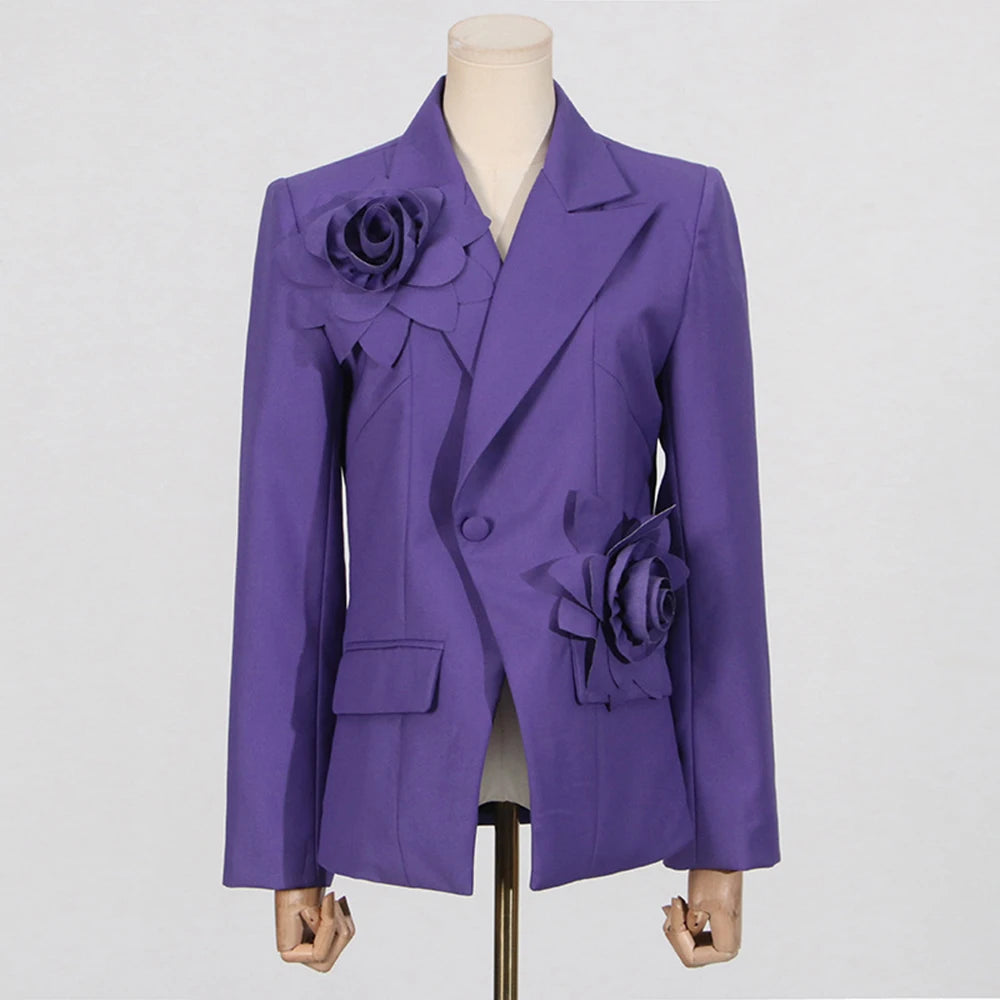 Solid Slimming Spliced Appliques Elegant Jackets for Women Lapel Long Sleeves Patchwork Button Jacket Female New PURPLE