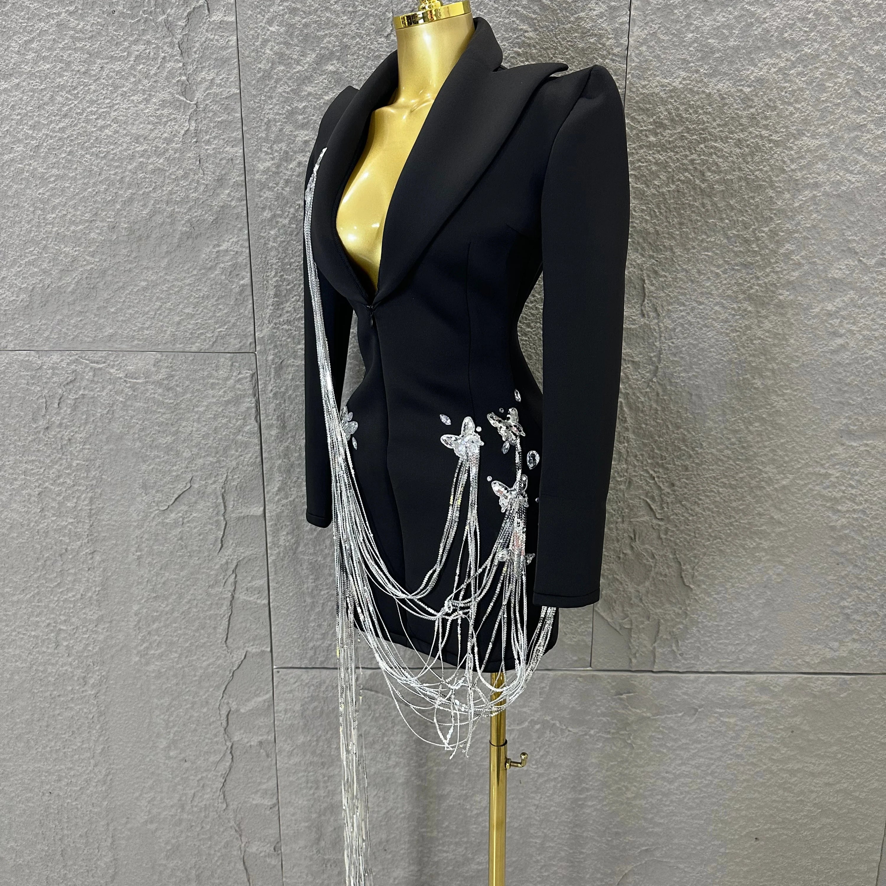 Luxury Black Blazer Mini Dress Deep V Neck Silver Crystal Beaded Butterfly Long Tassel Formal Evening Cocktail Gala Party Gown
