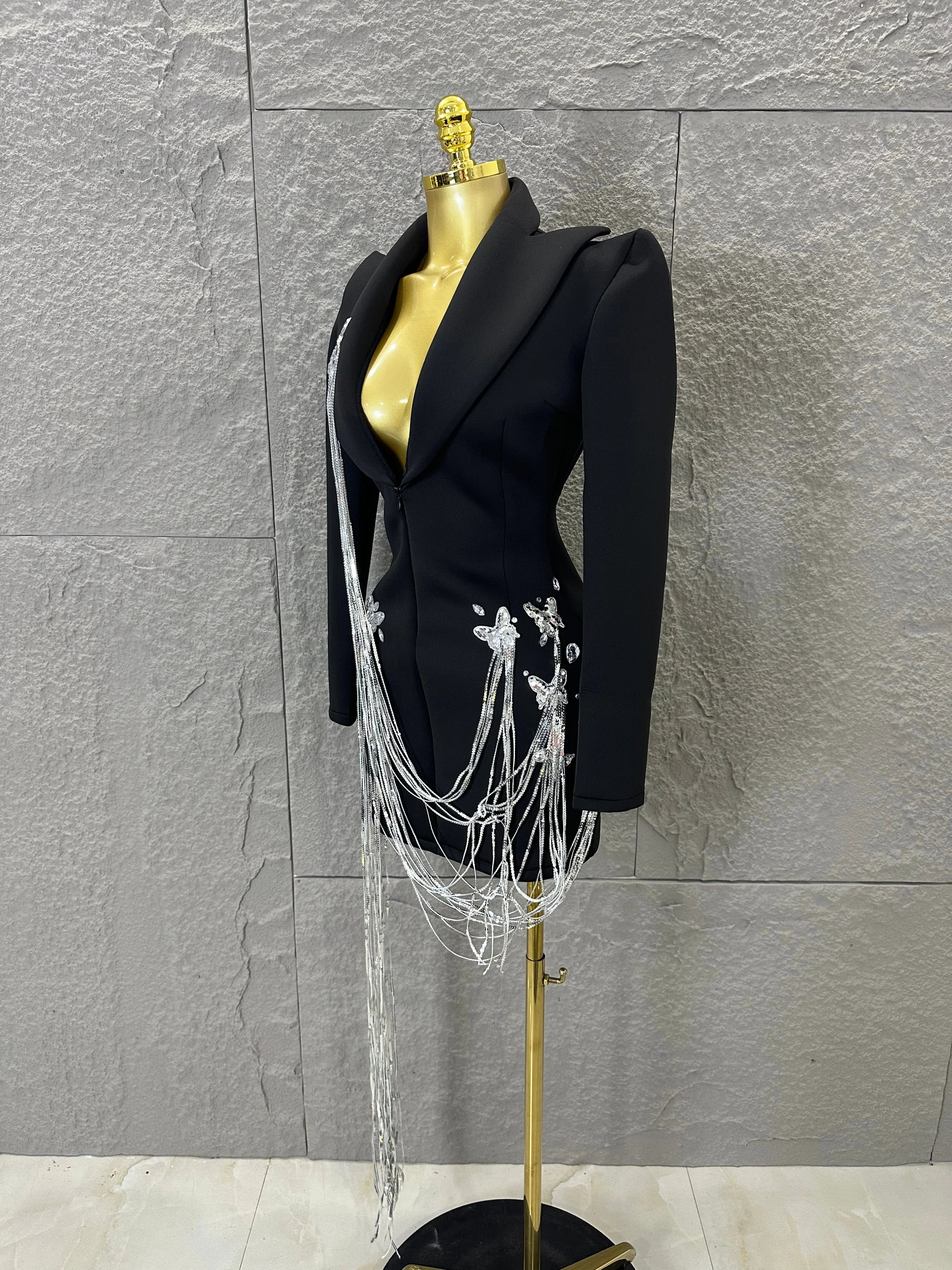 Luxury Black Blazer Mini Dress Deep V Neck Silver Crystal Beaded Butterfly Long Tassel Formal Evening Cocktail Gala Party Gown