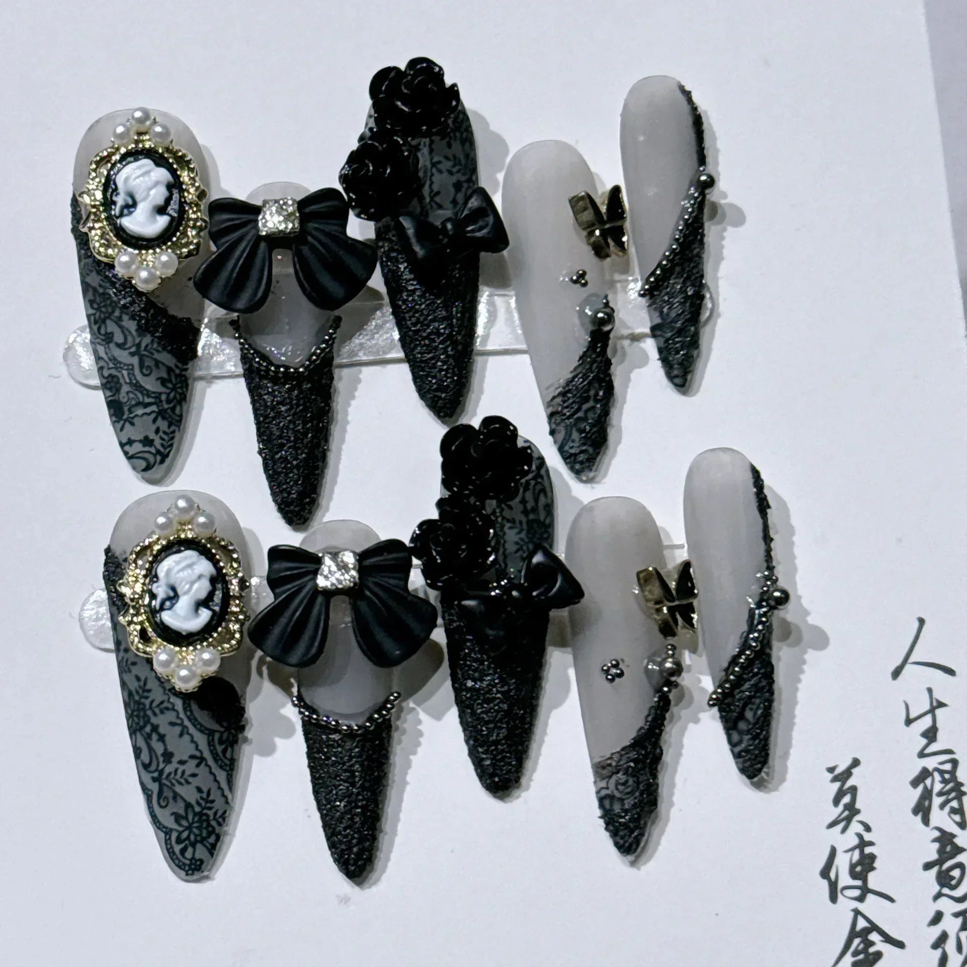 10Pcs Purple Flower Handmade Almond Press on Nails French Rhinestone Full Cover Fake Nail Ballet Manicure Wearable Nail Tips 4 M