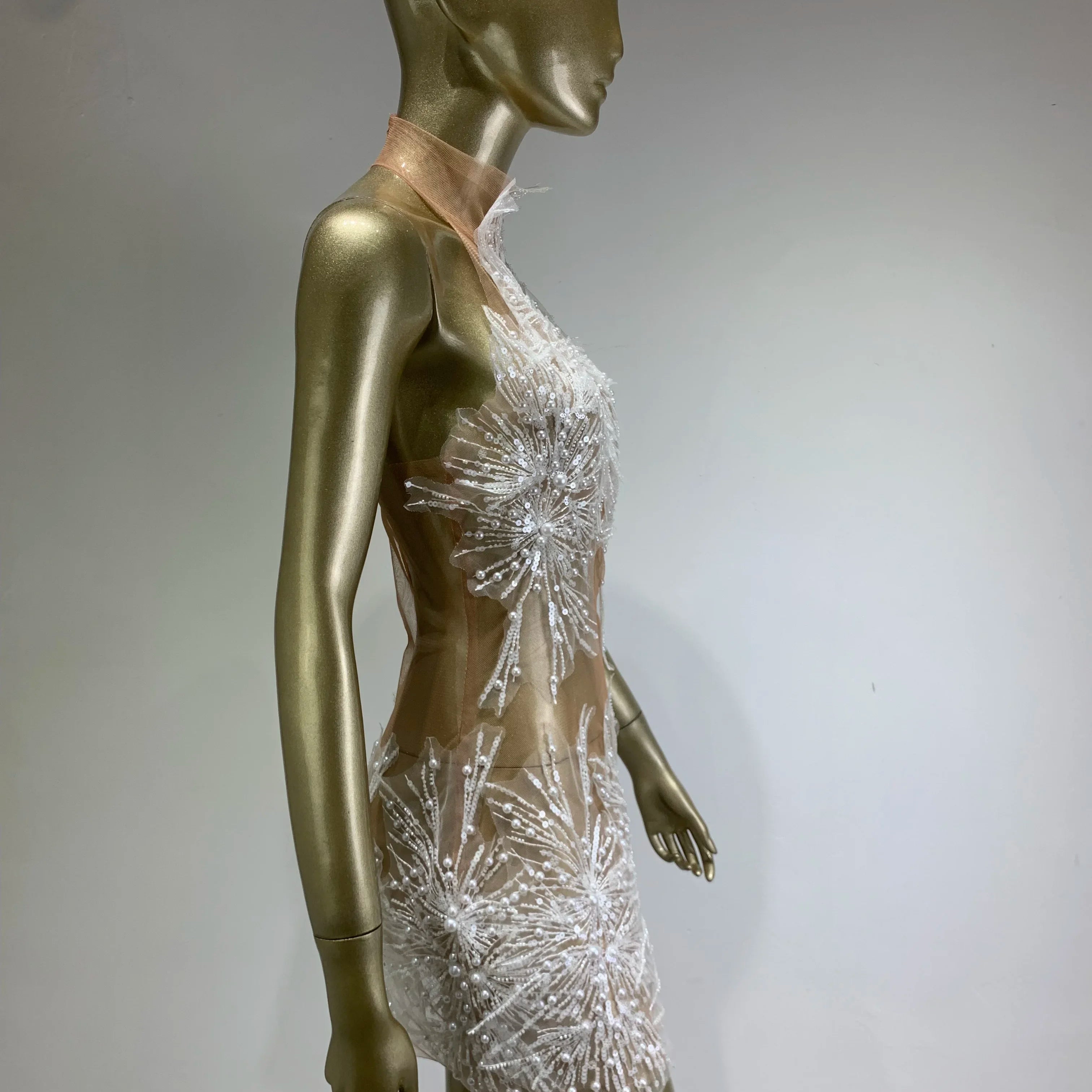 Women Sexy Off the Shoulder Mesh SeeThrough Bodycon Mini Dress Sequins Nightclub Party Celebrate Dress