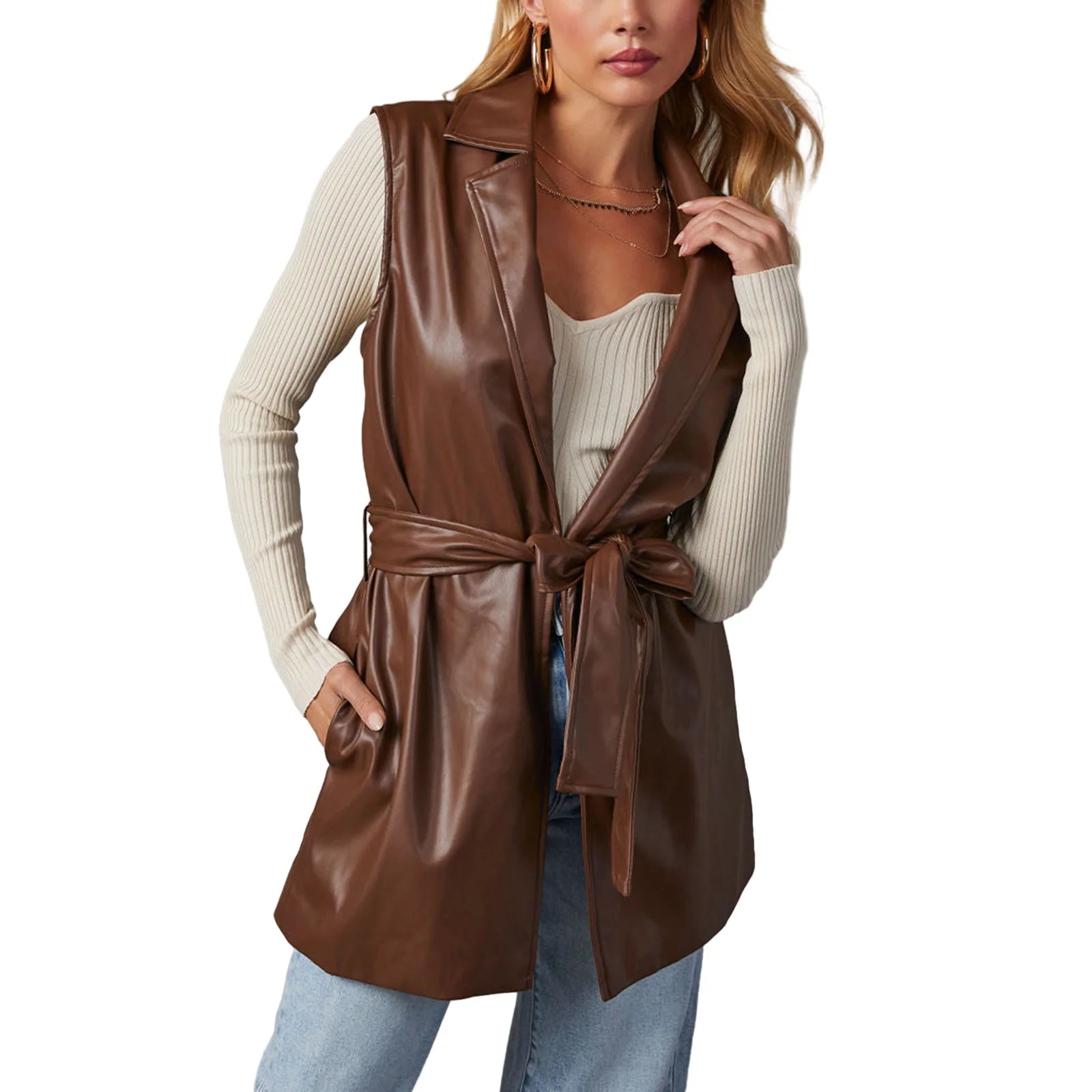 Women PU Leather Blazer Casual Sleeveless Lapel Collar Solid Color Jacket Autumn Outwear with Belt Coffee