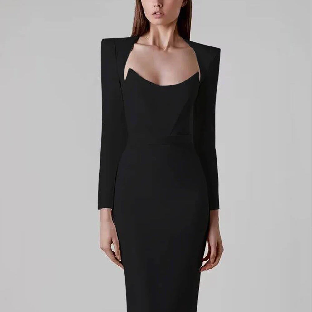 Arrival Women Winter Sexy Long Sleeve V Neck Pink Black White Midi Bandage Dress Elegant Evening Club Party Dress black