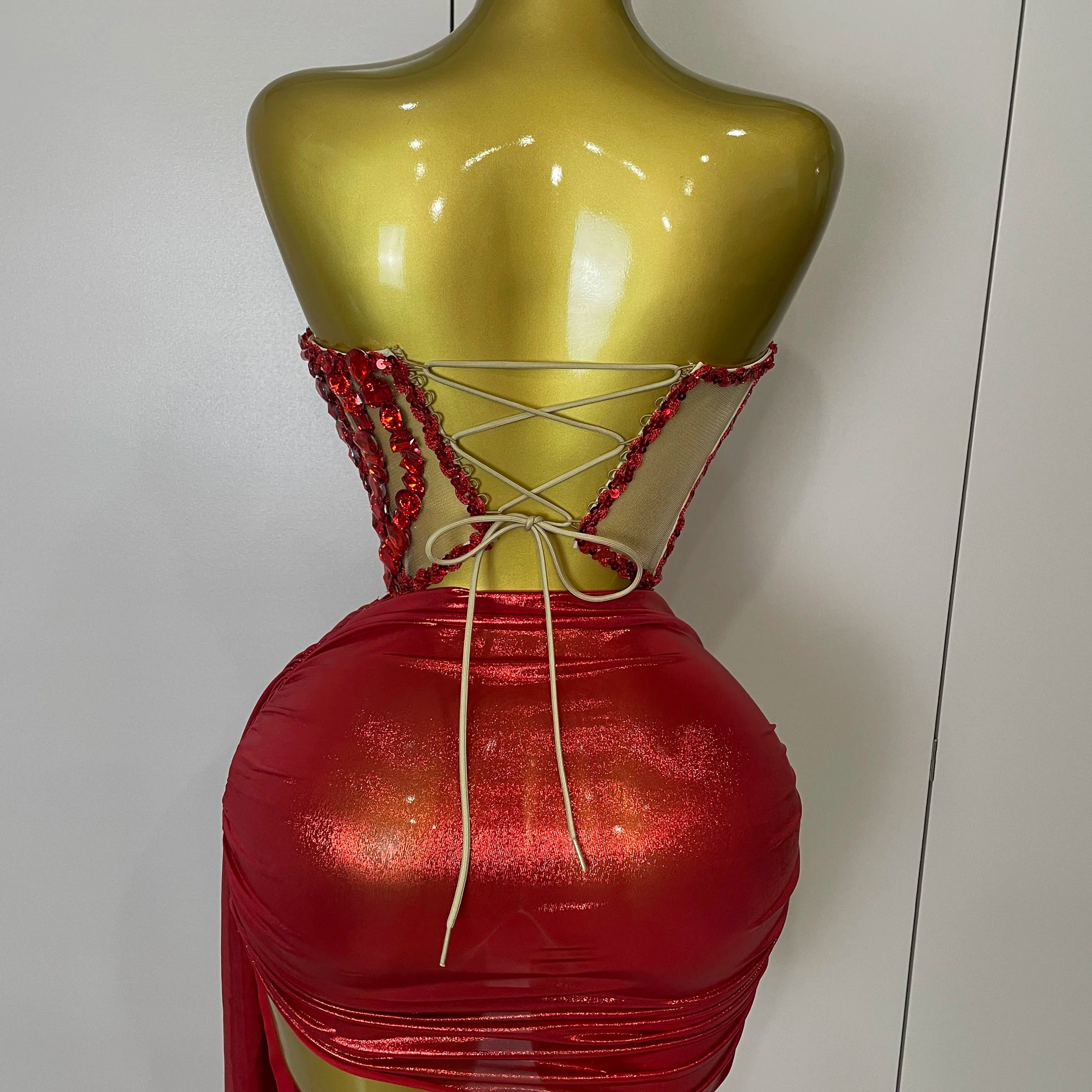 Sparkly Red Diamonds Two Piece Set Sexy Strapless Backless Women Outfit Evening Party Nightclub Stage Performance Dance Costume