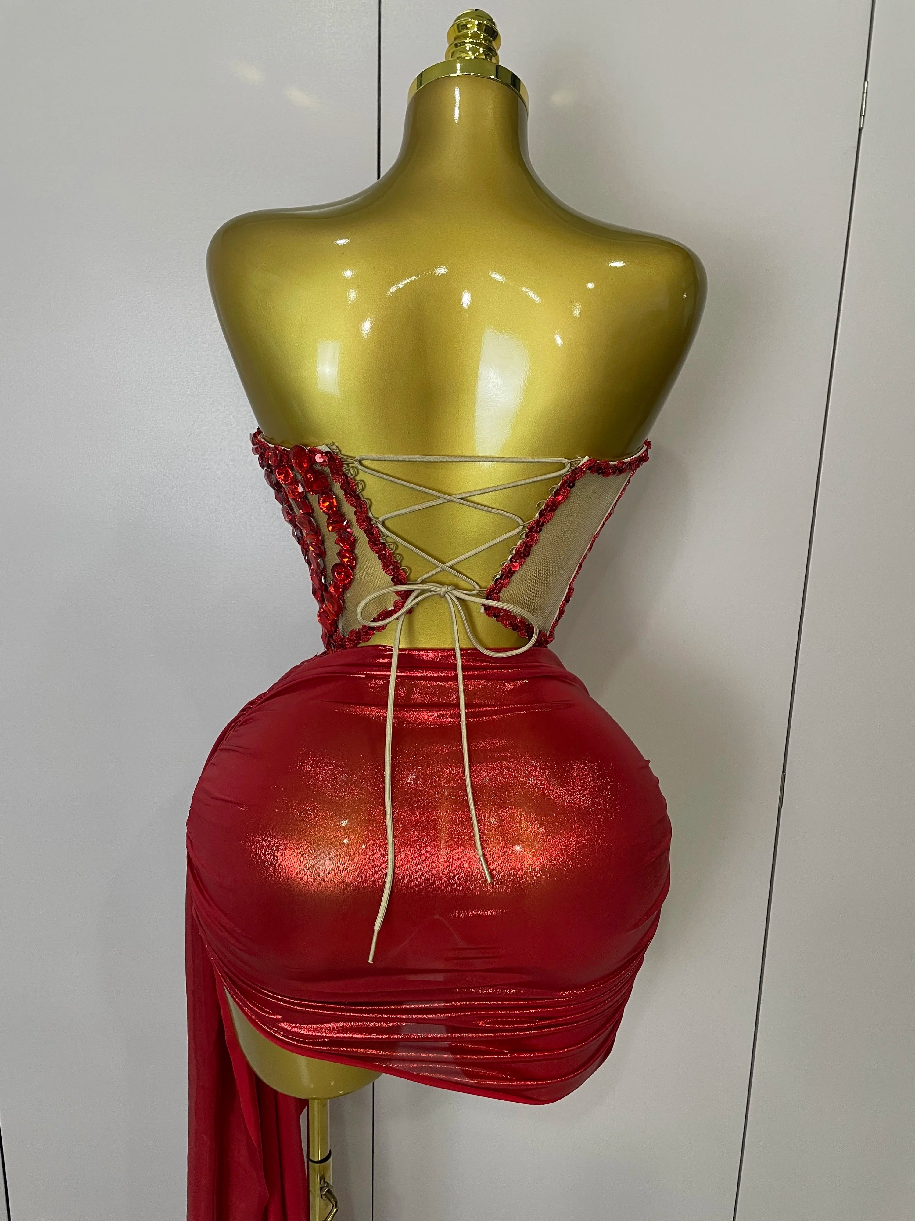 Sparkly Red Diamonds Two Piece Set Sexy Strapless Backless Women Outfit Evening Party Nightclub Stage Performance Dance Costume