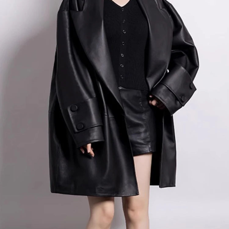 Lautaro Spring Autumn Long Black Oversized Black Pu Leather Trench Coat for Women Elegant Luxury Designer Clothes Cardiagan 2025