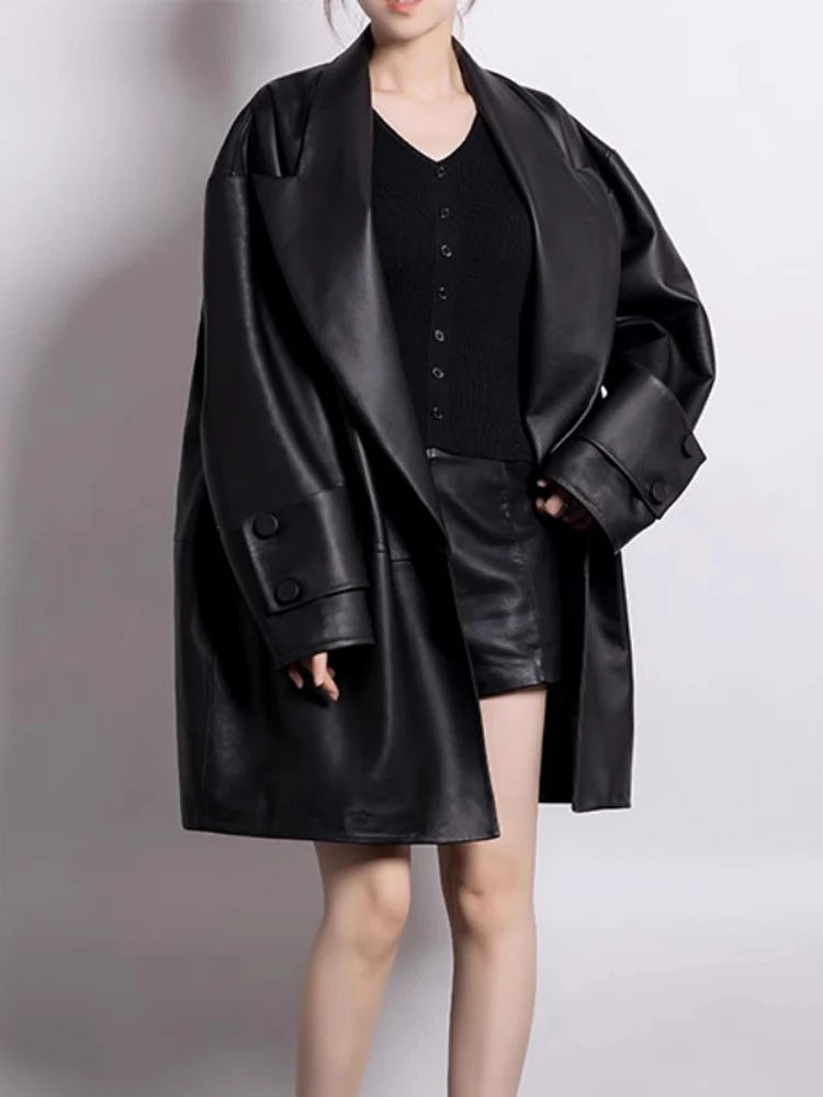 Lautaro Spring Autumn Long Black Oversized Black Pu Leather Trench Coat for Women Elegant Luxury Designer Clothes Cardiagan 2025