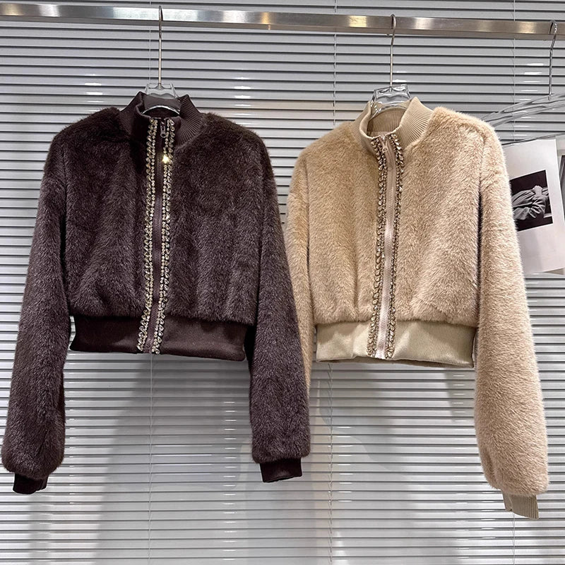 Winter New Fashion Rhinestone Edge Plush Cotton-Padded Short Jacket For Women High Waist Zipper Coat Female 11A07454