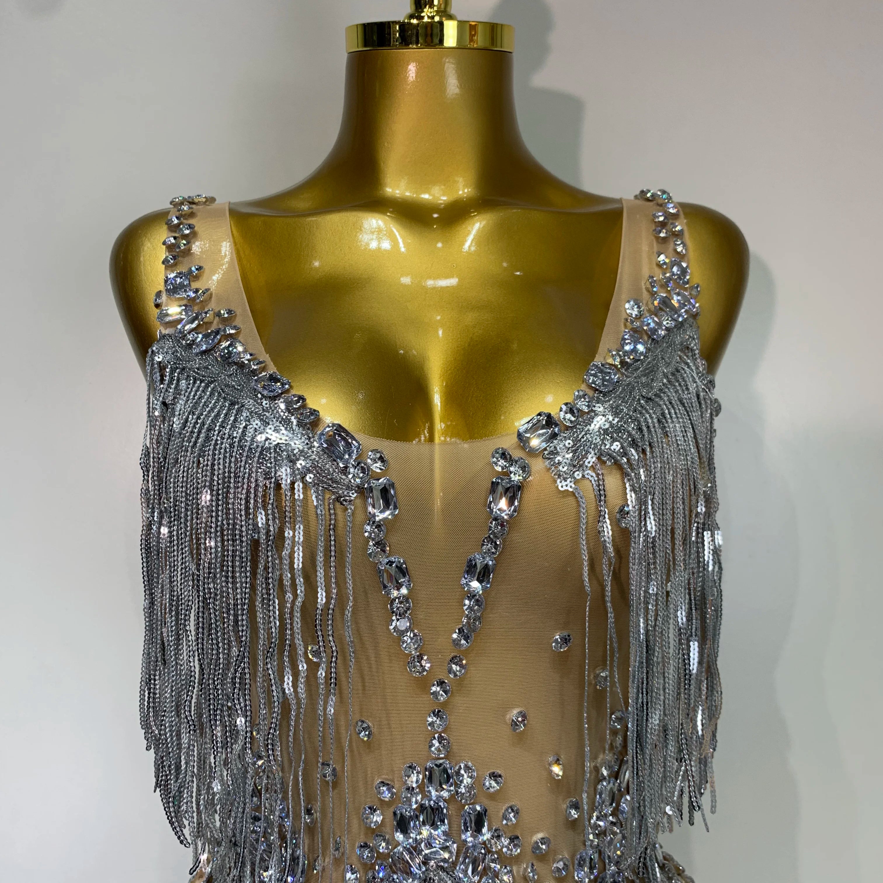 Sparkly Rhinestone Tassels Sexy Mesh See Through Dress 2025 Women Evening Party Luxury Birthday Nightclub Perform Stage Costume