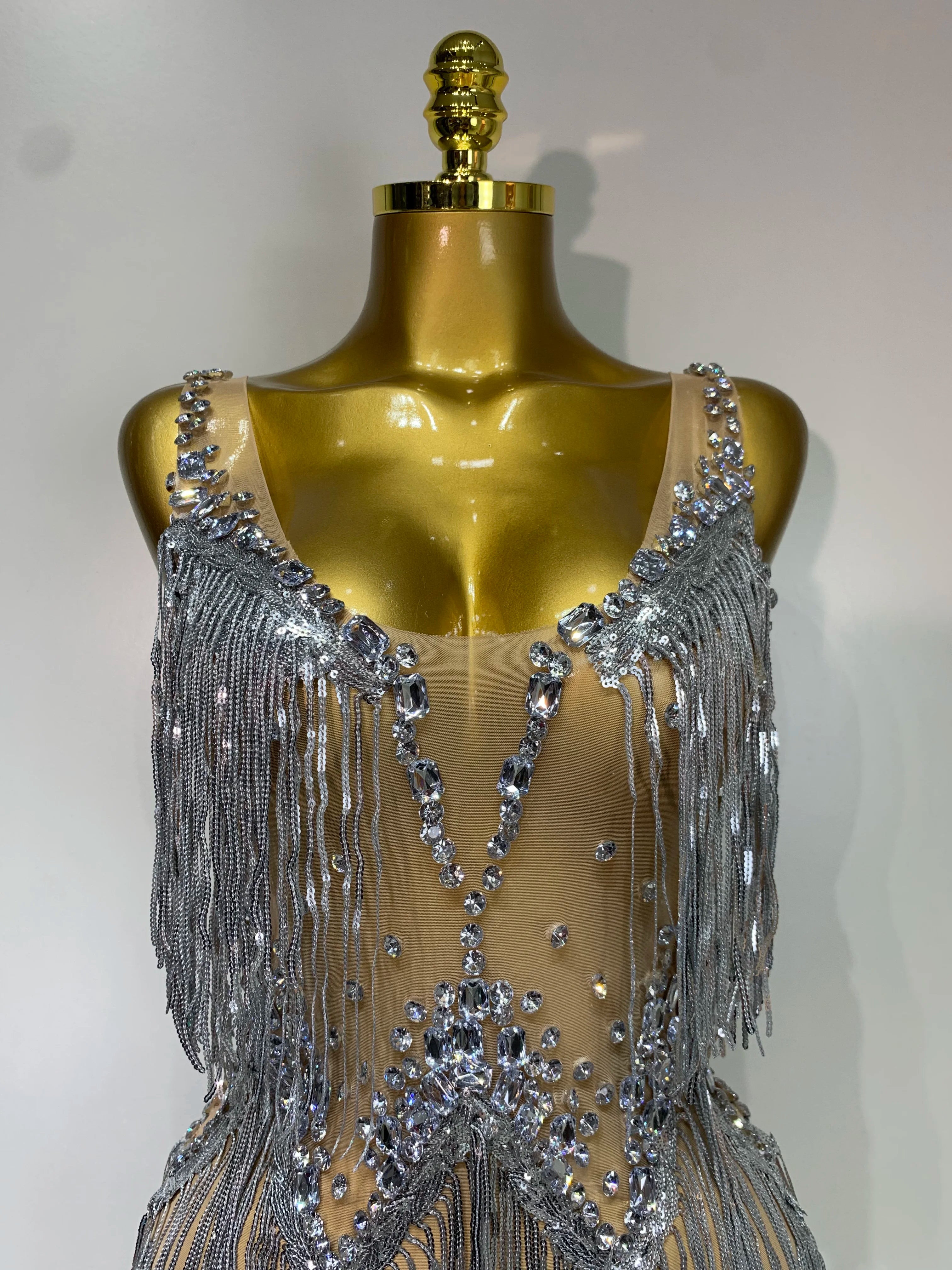 Sparkly Rhinestone Tassels Sexy Mesh See Through Dress 2025 Women Evening Party Luxury Birthday Nightclub Perform Stage Costume