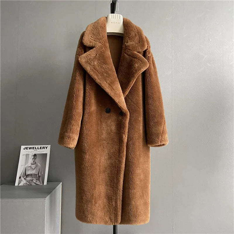 2022 Women Long Cashmere Coat Wool Woven Fabric Thick Warm Outerwear Oversize Fashion Streetwear Teddy Bear Winter Jacket Brown