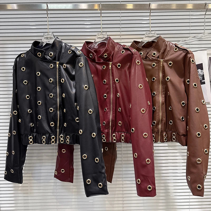 Winter New Fashion Style Metal Ring Rivet Design Heavy Leather Jacket For Women High Street Short Coat Female 11A07836