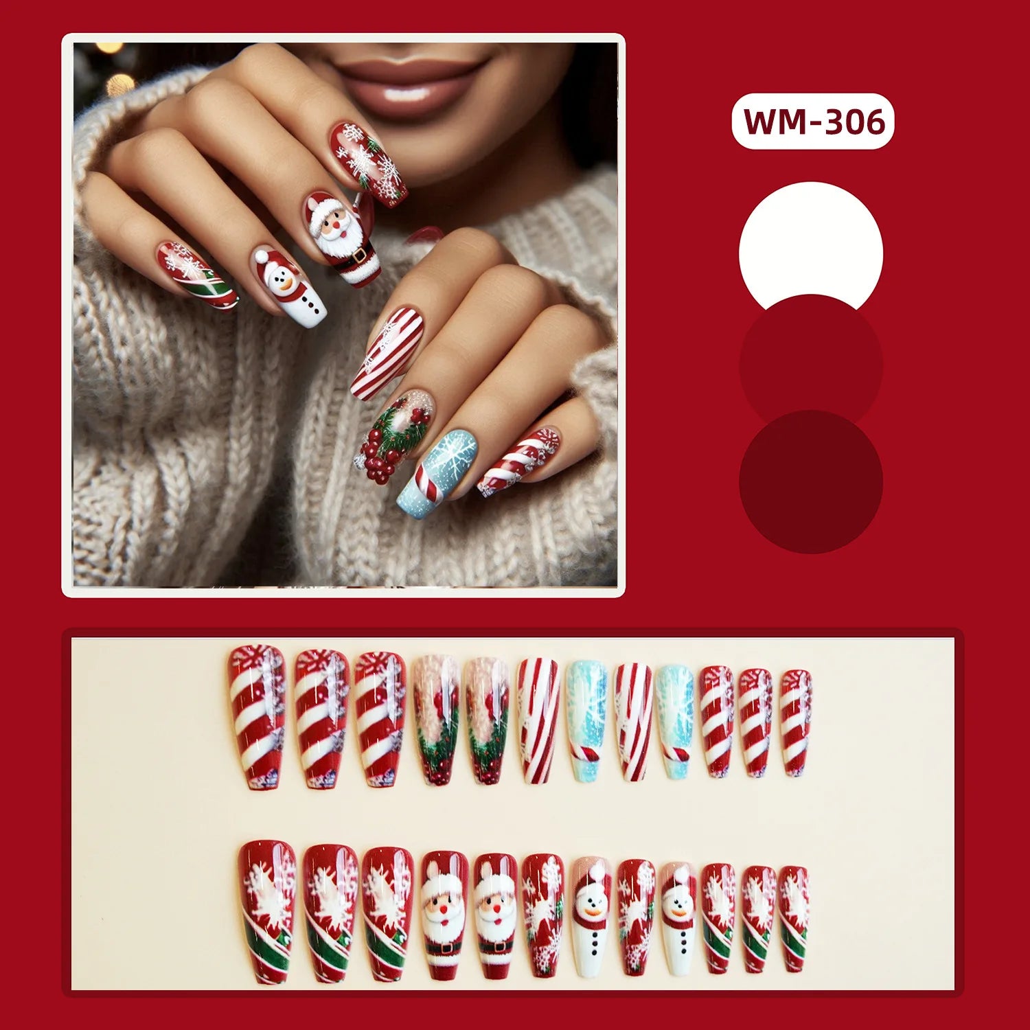 2025 Merry Chrismas Press on Nails Cute Snowman Elk Santa Claus Print Fake Nail Tips Wearable Long Coffin False Nails for Girls 1