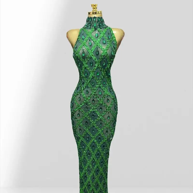 Woman Birthday Party Outfit Club Performance Costume Sparkling Diamond Green Sequins Sexy Mesh see Through Ankle Length Dress