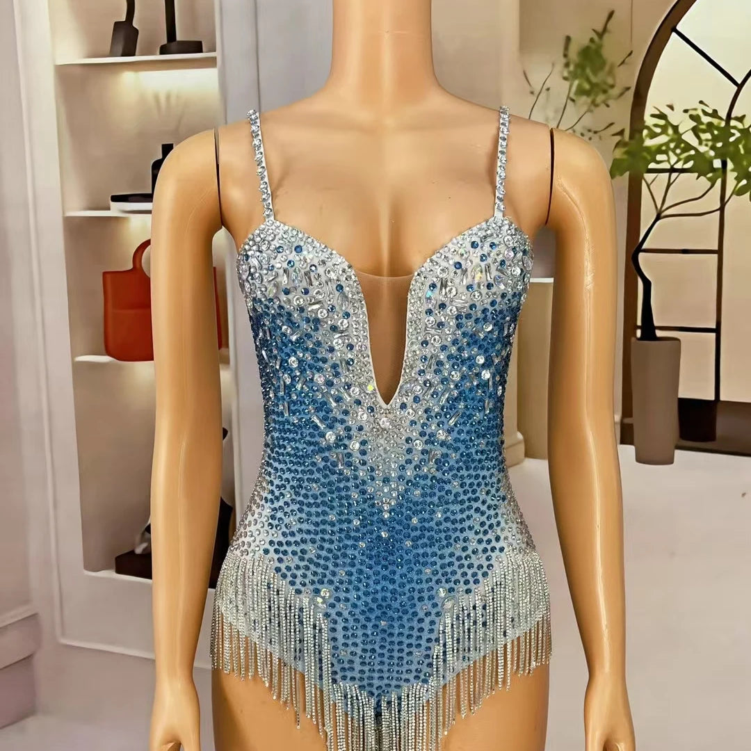 Sparkly Rhinestone Sleeveless Deep V Spandex Bodysuit Nightclub Showgirl Dance Show Crystals Tassel Skinny Bodysuit Bingqilin
