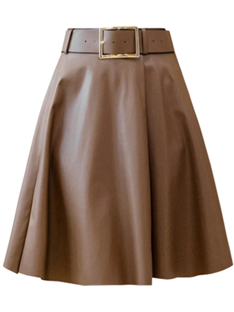 REALEFT Women's PU Leather Skirts With Belted 2022 New Fashion Solid Color High Waist Casual Short Ladies A-Line Skirts Female