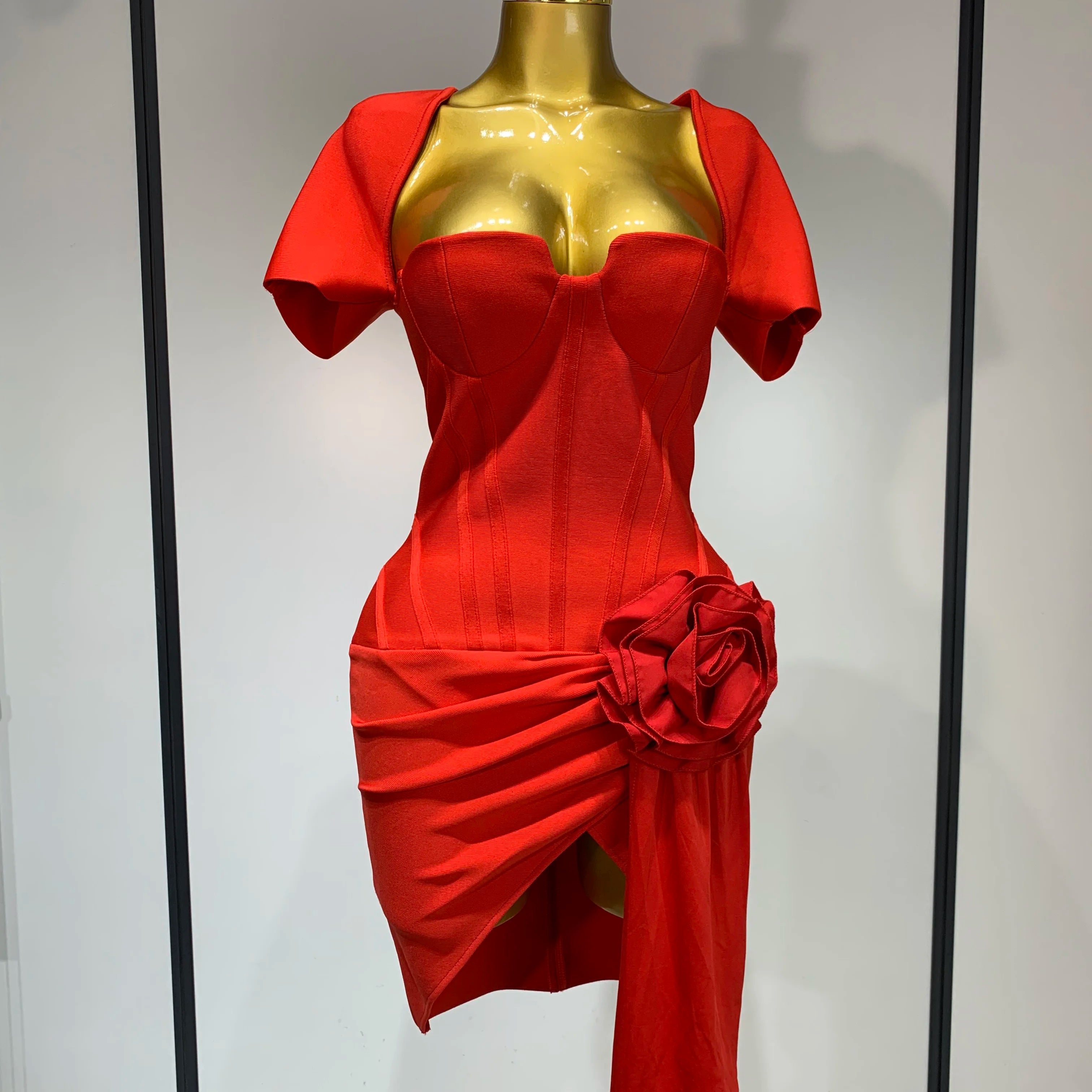 Women Sexy Short Sleeve Square Collar Bodycon Mini Bandage Dress Celebrity Red Carpet Dress Flower Luxury Birthday Outfit Red