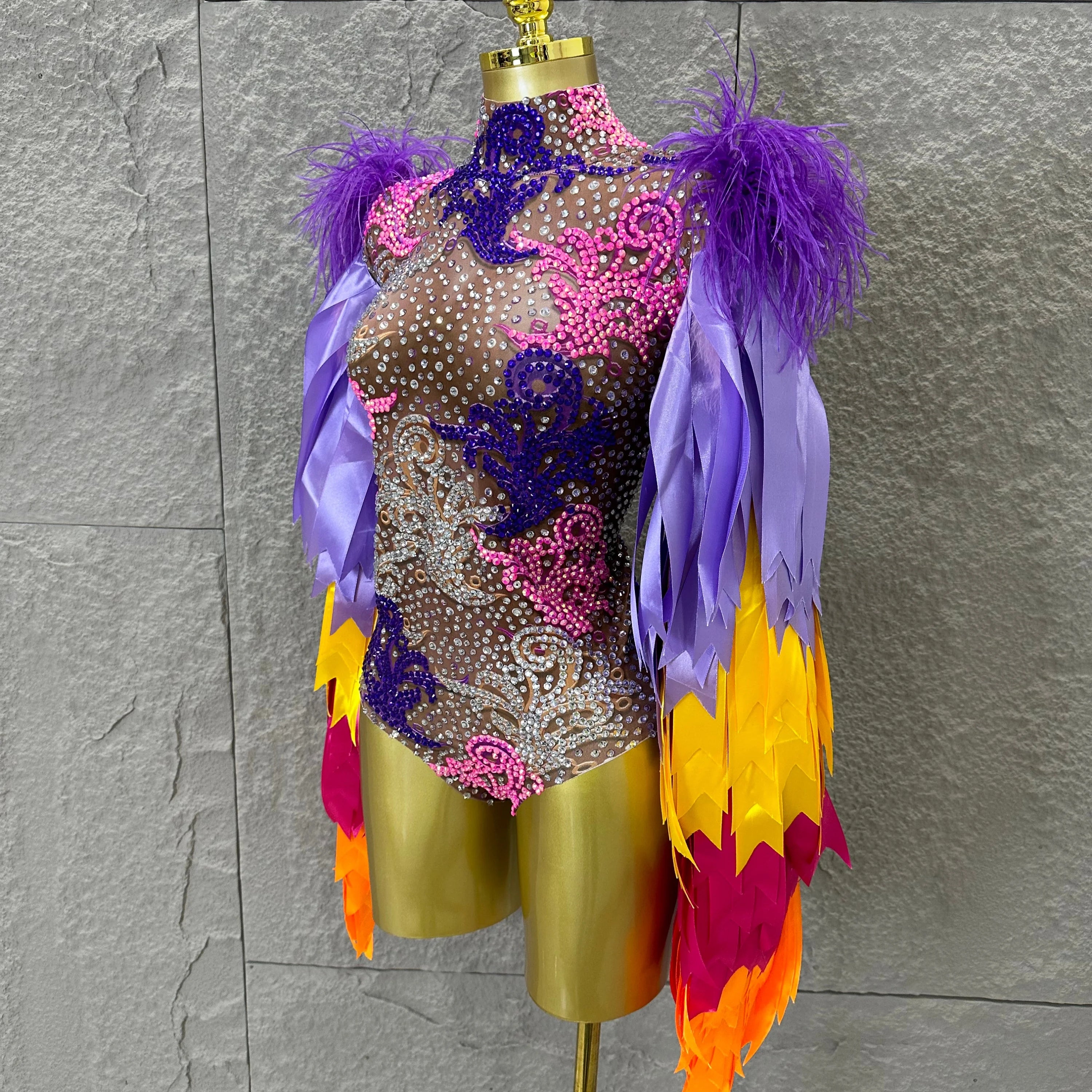 Sexy 2026 High Neck Sheer Mesh Bodysuit Women Purple Pink Crystal Fringe Long Sleeve Outfit Luxury Drag Queen Costume