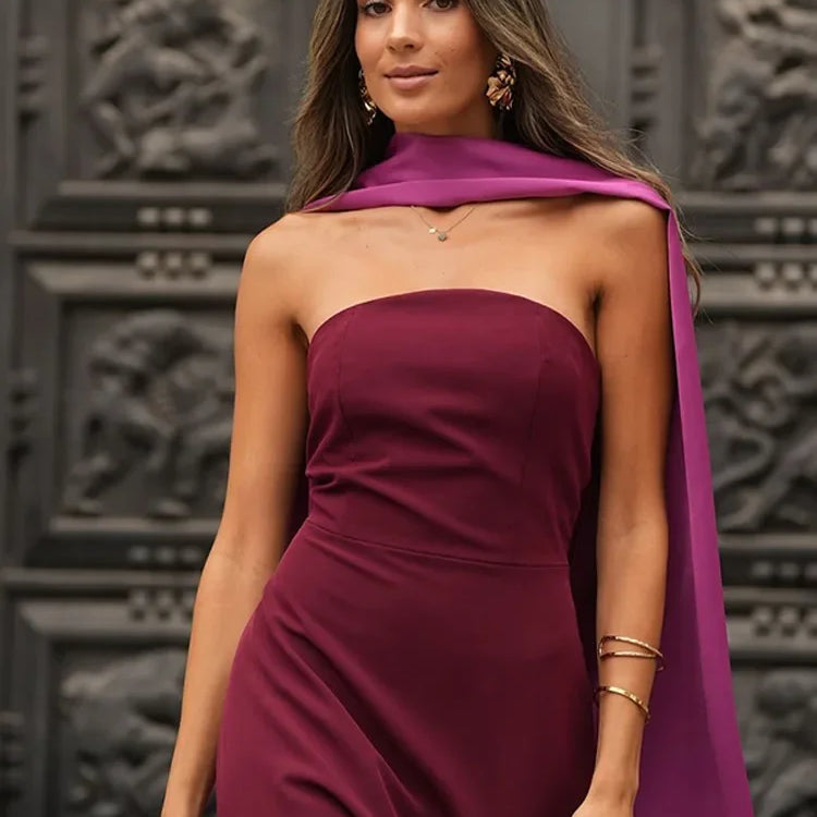 2025 Chic Purple Shawl Collar Off Shoulder Maxi Dress Fashion Contrast Spliced Pleated Hem Backless Robe Lady New Party Dresses